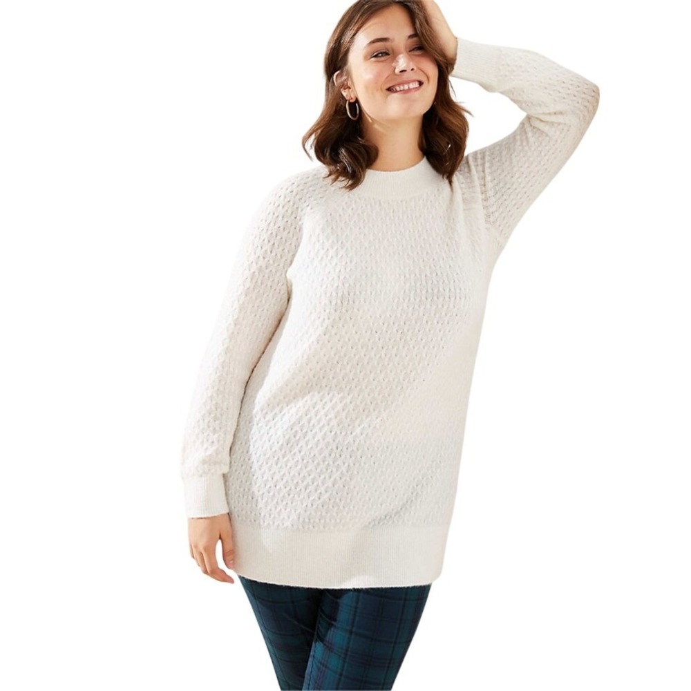 LOFT PLUS Cream White Textured‎ Mock Neck Tunic Sweater Size 16 18 NWT $60